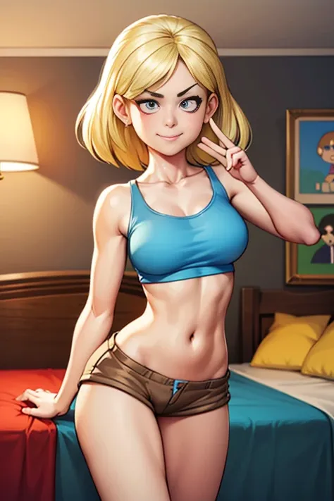 ""loriloud - blue tank top, brown shorts, posing for playboy magazine" masterpiece, sexy cartonn, beautiful cartoon, insanely de...