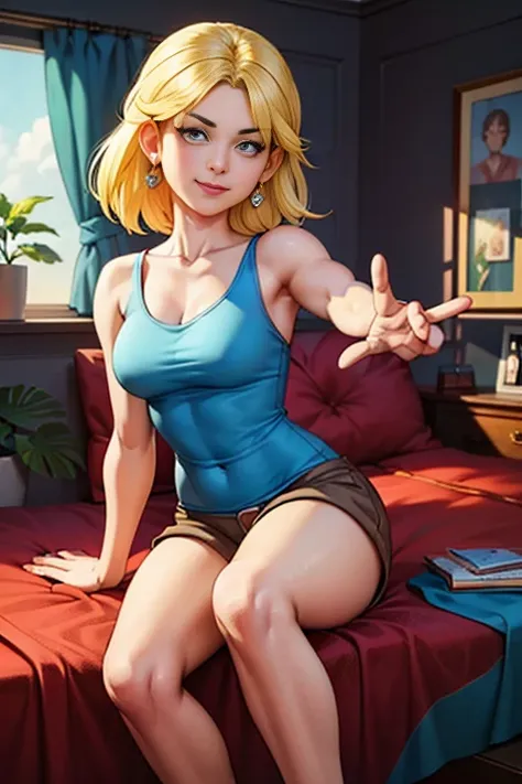 ""loriloud - blue tank top, brown shorts, posing for playboy magazine" Masterpiece, sexy cartonn, beautiful cartoon, insanely detailed and intricate, High quality, ray tracing, high coherence, deep focused image, realistic full-length photo, anatomically c...