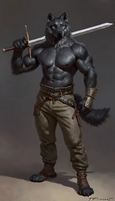 anthro male black wolf resting large two handed sword over his shoulder, posing, solo, cocky expression, masterpiece, best art, ...