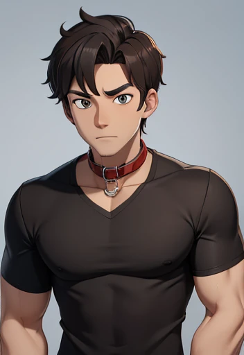 Human Male, Black Brown hair, wearing red t-shirt, wearing dog Collar ,