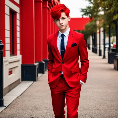 confident teenage boy with red hair red eyes in a very fancy red suit going out to party