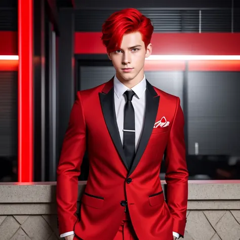 confident 20 boy with red hair red eyes in a very fancy red suit going out to