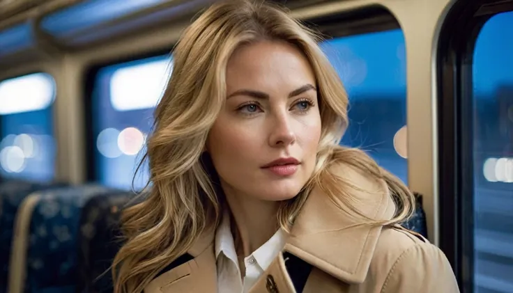 ((half body )) portrait photo of a beautiful 35 years old european woman sitting on a train which is travelling through in a megacity at night, (long wavy blonde hair blown in the wind), wearing beige colored coat with white blouse, Award - winning photogr...