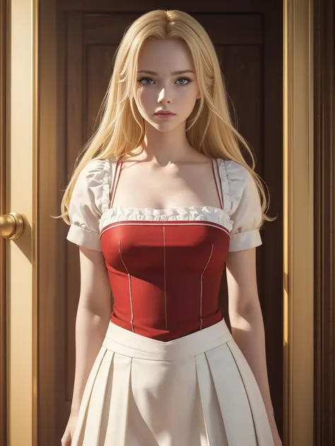 (Best Highest Quality, 8K, High Resolution, Masterpiece:1.2), Ultra Detailed, Extremely Fine, (Realistic, Photo Realistic:1.37), Make a Character named Cora, perfectly beautiful, blonde hair, red pupils, wears white and gold top with red lines, wears white...