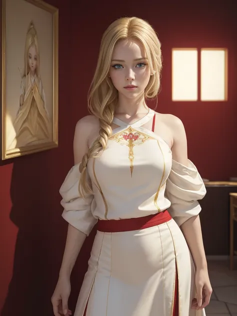 (Best Highest Quality, 8K, High Resolution, Masterpiece:1.2), Ultra Detailed, Extremely Fine, (Realistic, Photo Realistic:1.37), Make a Character named Cora, perfectly beautiful, blonde hair, red pupils, wears white and gold top with red lines, wears white...