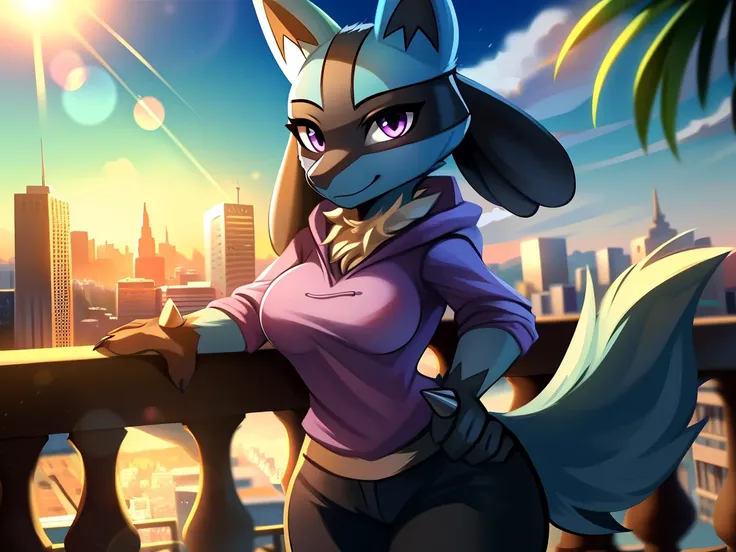 ((lucario)), ((solo)) wolf, blue fur, spikes, breasts, purple hoodie, black pants, looking at viewer, potted plants, decorations...