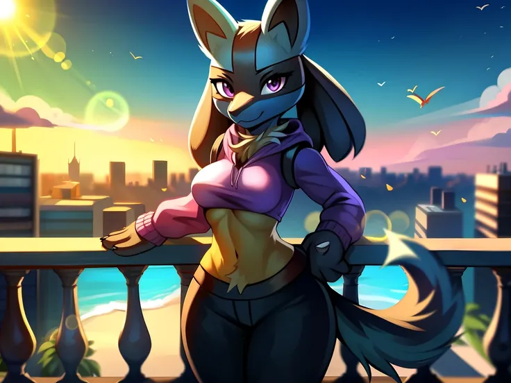 ((lucario)), ((solo)) wolf, blue fur, spikes, breasts, purple hoodie, black pants, looking at viewer, potted plants, decorations...