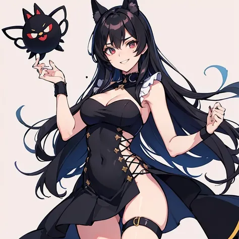 solo chica adulta,chica zorro anime,orejas de animales,orejas de zorro,pelo negro,Cabello Medio,pelo medio,peinado tipo hongo,ojos verde aguamarina,sonrisa,pechos grandes,hermoso pecho, ,sonrisay mouth,vestido de sirvienta negro,vestido corto,cola de zorro...