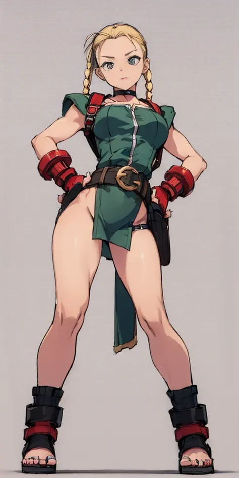 ((Plain background 1:2)) (Cammy White Street Fighter 6) full body, whole body. 1solo (girl). slave fighter, loincloth standing, hands on hips full body ((hands on hips)), whole body. 1solo (girl). slave fighter, loincloth standing, hands on hips, metal san...