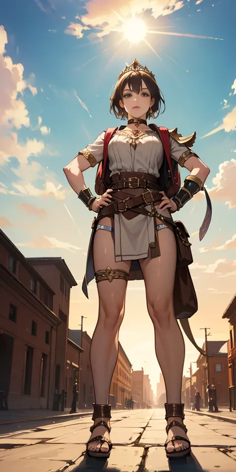 full body, whole body. 1solo (girl). slave fighter, loincloth standing, hands on hips full body, whole body. 1solo (girl). slave fighter, loincloth standing, hands on hips, metal sandals, backpack, choker, big belt, view from below, feet together, bracers,...