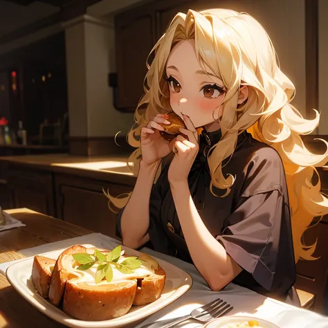 Girl having lunch, 14 year old blonde with curly and wavy hair, brown eyes and fair but not too light skin