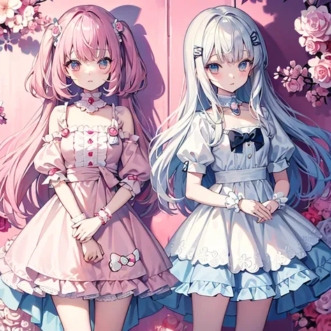 13-year-old anime girl, pelo corto hasta la nuca de color blanco con mechones rosa pastel, vestido rosa pastel corto, panties blancas y accesorios rositas en el un mechon de hello kitty