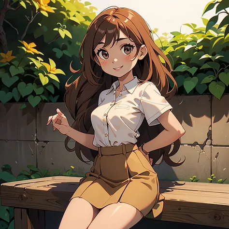 1 chica, By the chestnut, Light brown eyes,medium tabs ,Labios gruesos, Delgada , small breasts,  sonriendo dulcemente, con una camisa de botones blanca, and a long light brown skirt 