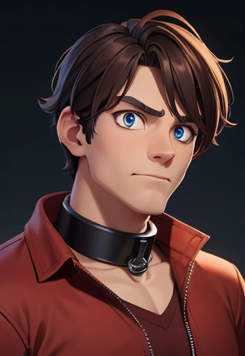 concept art,human male, brown hair, wearing red shirt, wearing big metal collar , black pupils,