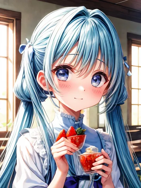 Anime girl eating pancakes with strawberries and teapot in front of her, light blue long hair、twin tails！splash art anime change, anime moe art style, Cute girl anime visual, small change girl, anime food, small curvy change, change, cute anime girl, Best ...