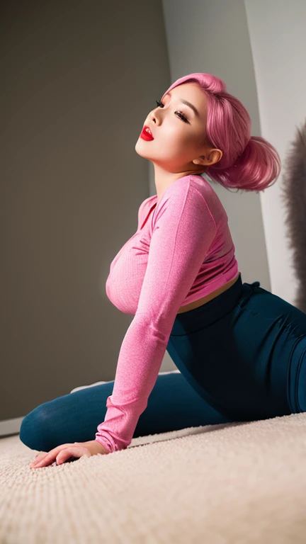 Masterpiace, 1 woman, 30-years old, pink hair, ponytail, from below, Saliva, sexy sensual tight short clothes, make-up, red lips,  ,all-fours,profetional lighting, nsfw, high resolution , 16K, laying flat down on floor sensually 