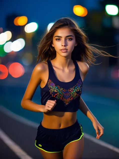 Extremely beautiful 18 year old girl running,(Belleza extremadamente cura:1.2),Cara muy clara,Carretera de la ciudad de ruido nocturno,muy lindo,phenomenal aesthetics,Incredible photos,cinematic lighting,ojos claros y perfectos,pelo corto dorado claro,boke...