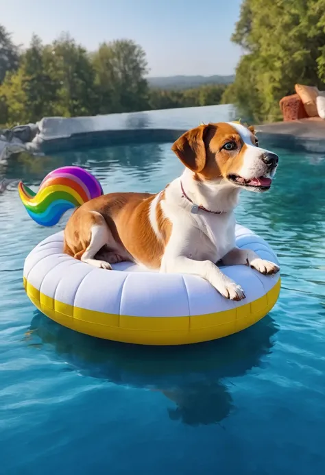 (dog on a float:1.5), 1dog, floating, unicorn, float, unicorn float, unicorn air mattress, (best quality,4k,8k,highres,masterpie...