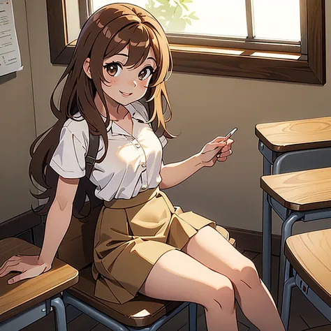 1 chica, By the chestnut, Light brown eyes,medium tabs ,Labios gruesos, Delgada , small breasts,  sonriendo dulcemente, con una camisa de botones blanca, and a long light brown skirt, en un aula de clases sentada en su silla decorando su pupitre 