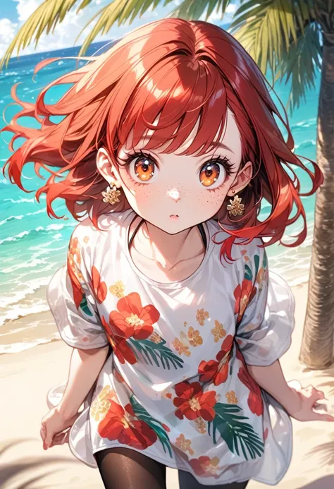 young girl(red hair, freckles, big eyes, earrings, eyelashes, tights, white shirt(floral print),), beach, palm trees