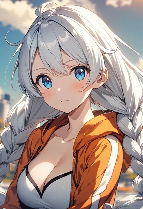 an anime lady with giant white straight hair and hood wearing orange jacket, 1girl, kiana kaslana, solo, blue eyes, looking at viewer, white hair, jacket, braid, long hair, twin braids, breasts, closed mouth, bangs, sky, cleavage