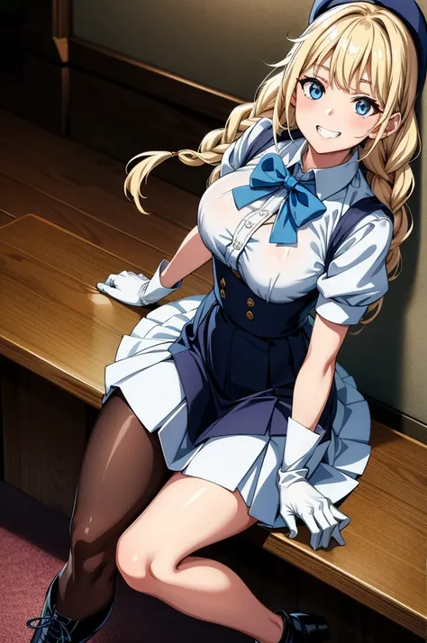 a woman in a maid outfit is standing up in a cartoon style, 1girl, skirt, blue eyes, shirt, white gloves, gloves, breasts, pantyhose, blonde hair, white shirt, smile, solo, hat, braid, black skirt, white pantyhose, long hair, looking at viewer, bow, holdin...