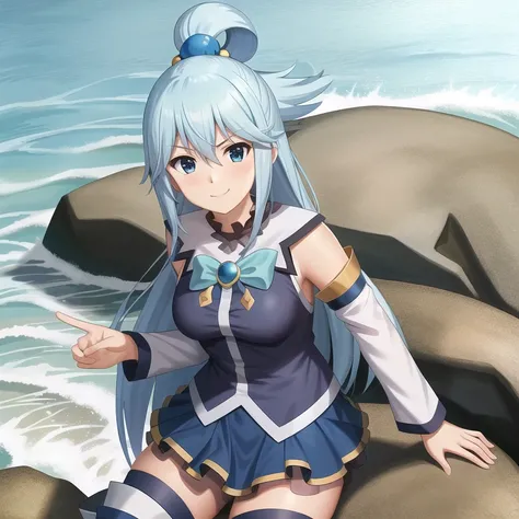 Aqua (KonoSuba), whole body, beautiful, Leaning against the rock, On the shores of the lake, Long Hair, Detailed Hair, blue eyes, skirt, sleeve, High Boots, Pause, Serious smile, Red nose, Red nose,