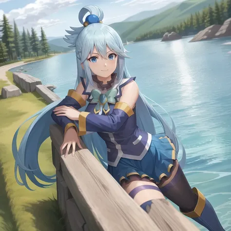 Aqua (KonoSuba), whole body, beautiful, Leaning against the rock, On the shores of the lake, Long Hair, Detailed Hair, blue eyes, skirt, sleeve, High Boots, Pause, Serious smile, Red nose, Red nose,