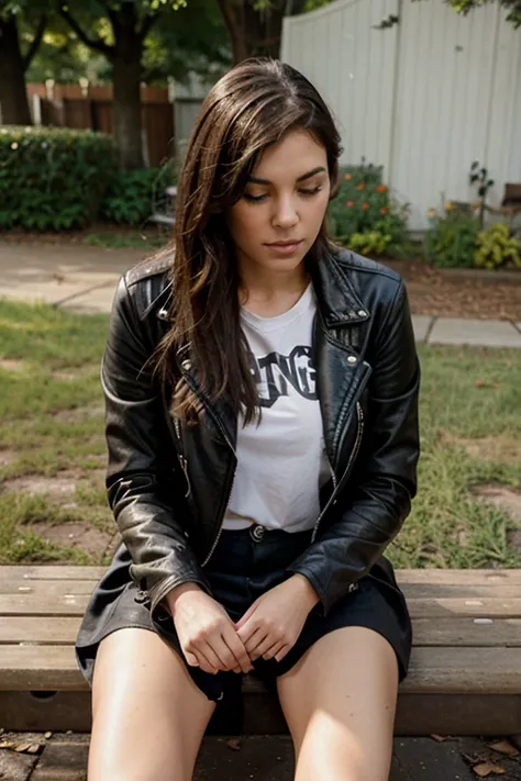 Make a girl in a leather jacket and sitting on a bench and big dog next to her on the ground.