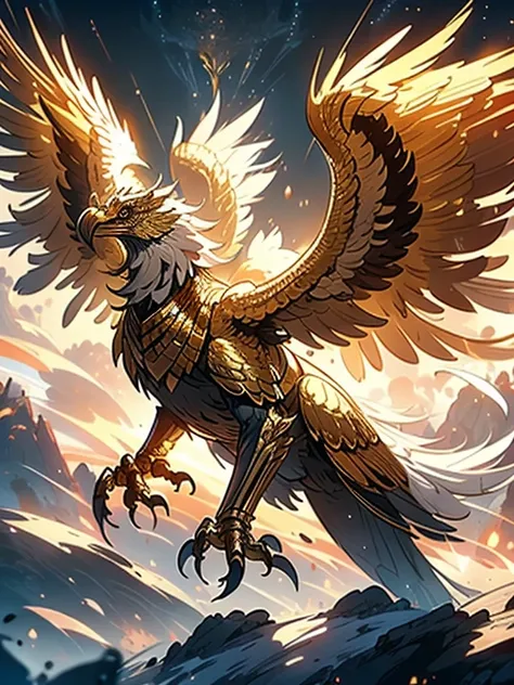 (masterpiece) a close up of a bird with wings spread out on a mountain, gryphon, transparent ((glowing golden colour feather)),artwork of a phoenix, mythical creature, fantasy mountain cliff, (intricate details),(ultra-hd),((High quality))flying mythical b...