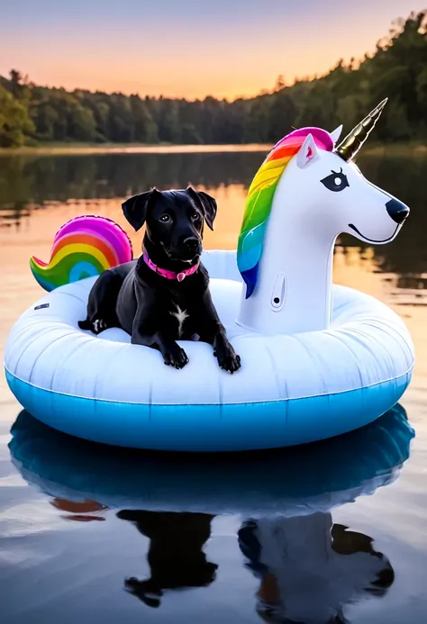 (dog on a float:1.5), 1dog, floating, unicorn, float, unicorn float, unicorn air mattress, (best quality,4k,8k,highres,masterpie...