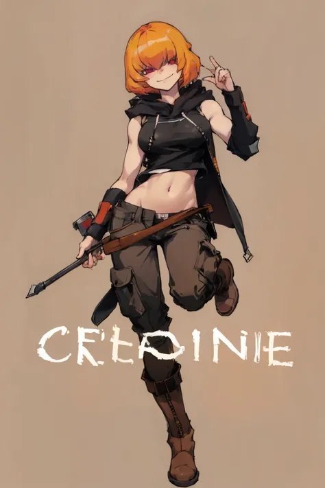 ((highest quality)), ((masterpiece)), (be familiar with),Clementine,Overload,{{nsfw}},Sleeveless hoodie,cargo pants,Bewitching Smile,whole body,boots