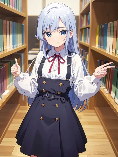 a girl in the biblioteca, Punto de vista (desde abajo), 1 chica, alone, shizuka yoshimoto, pelo largo, pelo azul oscuro, blue eyes, Cinta en el cuello, Red ribbon, Camisa blanca, Falda negra, avergonzado, sonriente, mangas largas, , pulsera, chaleco, aula,...