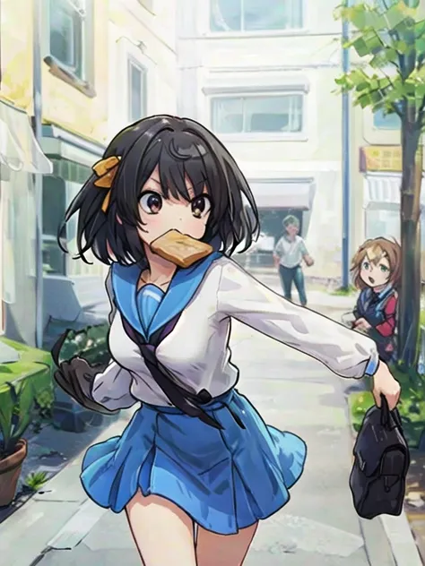 1 chica, haruhi, (decepcionado:0.9), rubor, , chaqueta de sport, bolsa para la escuela, correr, pan en la boca, leaning forward,...