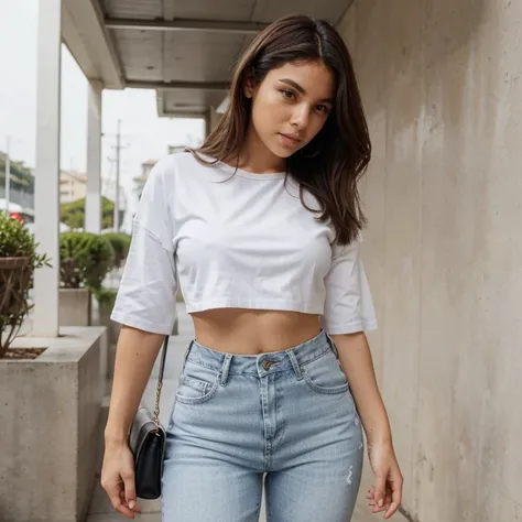 mulher francesa cabelo loiro e liso, usando um cropped branco, short jeans