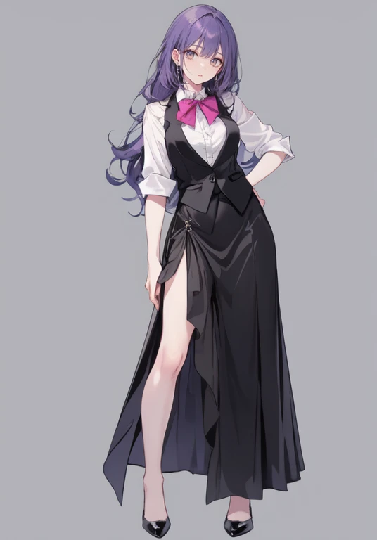 ((Perfect Face)),Purple Hair,voluminous long hair,Adult female,bartender,suit,Black vest,((A shirt with rolled up sleeves)),tie,skirt,slit,High heels,,((Simple Background)),smile,((Full Body)),((full body)),Character portrait,virtual,upright,,Both arms are...