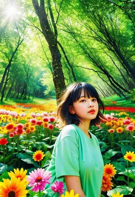 girl in a forest with floating flowers, river, puffy, puffy cheeks, cute,
vibrant colors, colorful art style, 
soft lighting, soft shadows, detailed textures, dynamic lighting,  
nice hands, perfect hands, 
