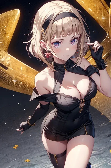 yor briar, anime style beutiful woman, 1girl, happy, sexy pause,(with sparkling eyes and a contagious smile:0.9),red face, closed mouth, beautiful detailed eyes, super detailed skin, backlighting, bare shoulders, black background, black dress, black gloves...