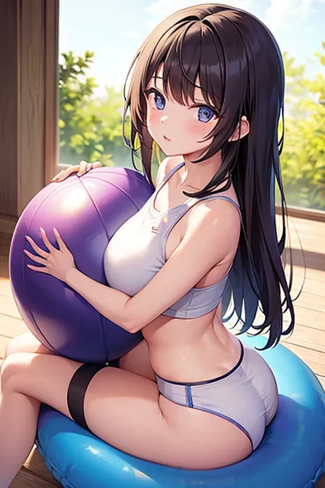 a girl on a yoga ball she likes its she has long brown hair her legs are open she blushing (We front of her)