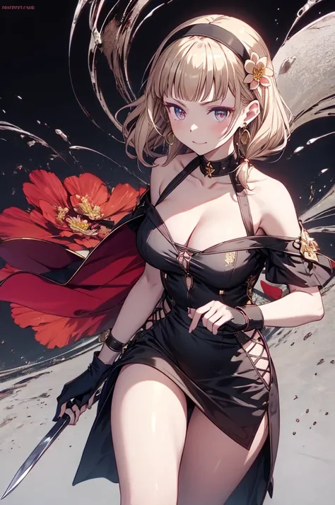 yor briar, anime style beutiful woman, 1girl, happy, sexy pause,(with sparkling eyes and a contagious smile:0.9),red face, closed mouth, beautiful detailed eyes, super detailed skin, backlighting, bare shoulders, black background, black dress, black gloves...