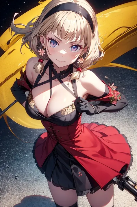 yor briar, anime style beutiful woman, 1girl, happy, sexy pause,(with sparkling eyes and a contagious smile:0.9),red face, closed mouth, beautiful detailed eyes, super detailed skin, backlighting, bare shoulders, black background, black dress, black gloves...