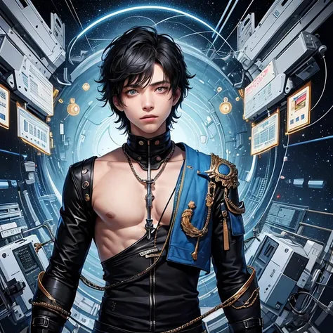 (A young boy with black torn clothes, Black hair, Heterochromatic eyes in blue, Cosmic Background, cables and wires contrasting aesthetic, Incredible quality: 1.5, Masterpiece art)

A boy with um garoto feature, wearing roupas pretas and torn, cabelo preto...