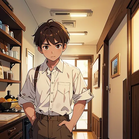 1 boy, brown hair, brown eyes, wearing a white button-down shirt, and light brown pants