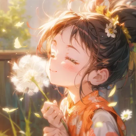 dandelion blowing in the wind anime girl, cute girl anime visual, happy expression, wearing a big red flower hair ornament, happ...