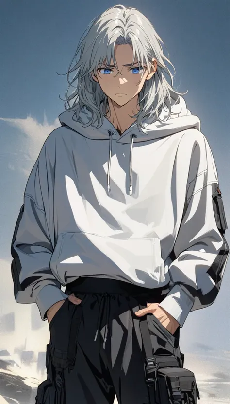 (Young guy), ((handsome)), strong, (very strong), 1guy, (solo), (silver medium hair:1.1), (blue eyes:1.1), ((eyes details)), fit body, white hoodie, black cargo, ((calm face expression)), anime hight quality, masterpiece, medium shot, hands in pockets, mod...