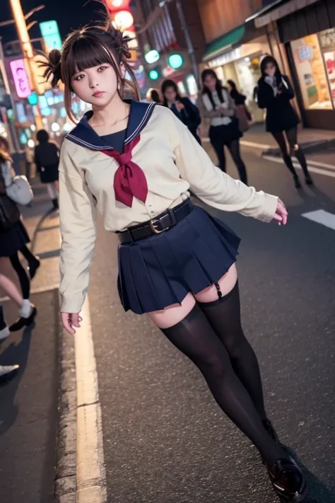 high angle shot、center view、A woman standing on a neon street at midnight、Phenomenally cute 、japanese girl uniform、summer clotheicrominiskirt、urreal 、loafers、She wears black tights that show a little bit of skin.、black tights、Japanese high school 、Nogizaka...