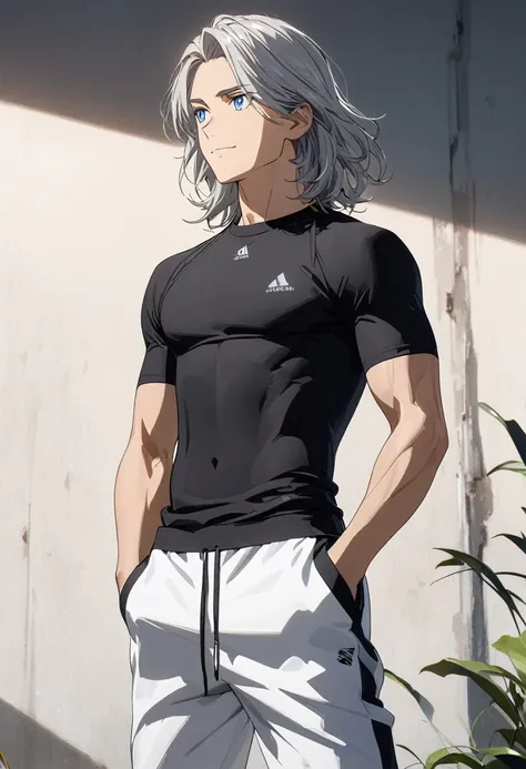 (Young guy), ((handsome)), strong, (very strong), 1guy, (solo), (silver medium hair:1.1), (blue eyes:1.1), ((eyes details)), fit body, black compression shirt, white joggers, ((light smile face expression)), anime hight quality, masterpiece, medium shot, h...