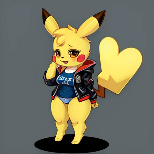 Pikachu female, tomboy , short Stack , wearing Jacket , shirt , Pikachu tall