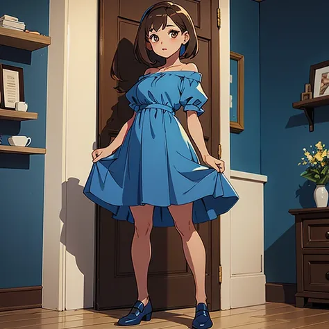 1 girl, short and  brown hair, brown eyes,  Thick lips ,slim, wearing a blue dress with a blue shoes 