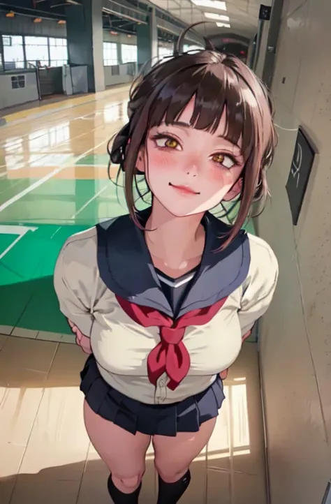 1lady solo, (looking up) from above, /(volleyball uniform/), /(dark brown hair/) bangs, blush light smile, (masterpiece best quality:1.2) delicate illustration ultra-detailed, large breasts, (arms behind back) BREAK /(indoor stadium hallway/) indoors